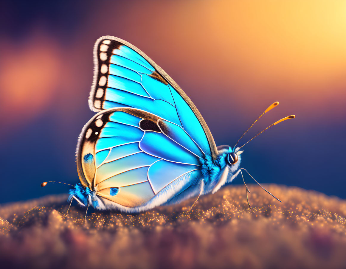 Colorful Blue Butterfly with Black and White Markings on Orange Bokeh Background