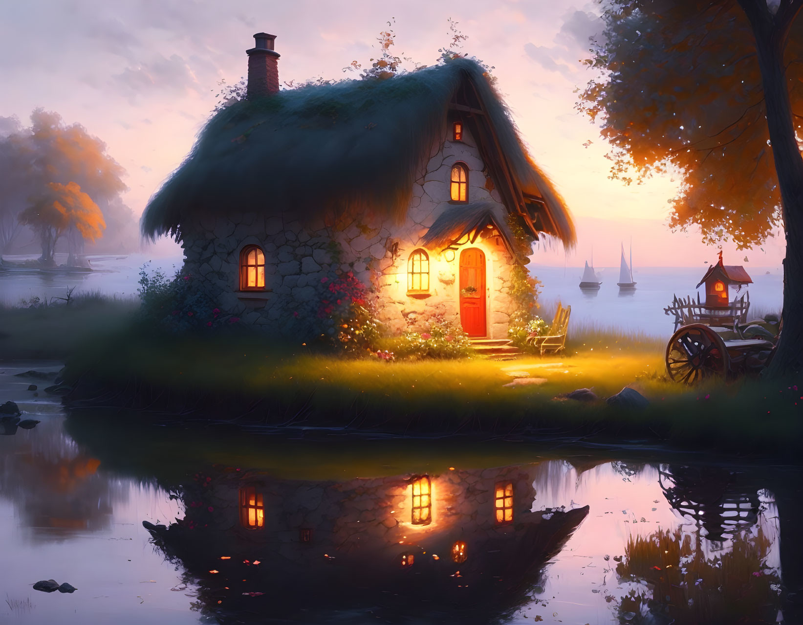 Thatched cottage by peaceful lake at dusk with warm light and vibrant flowers