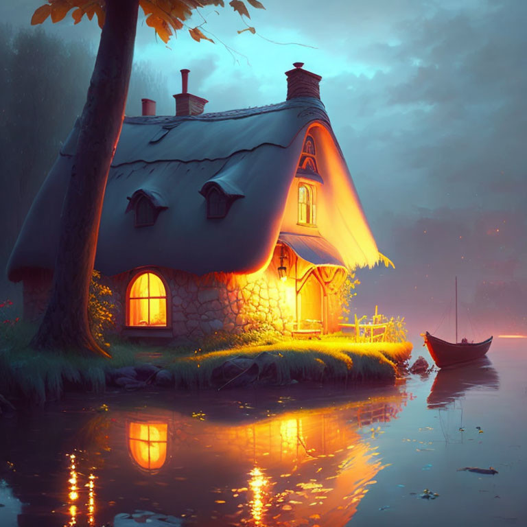 Cozy cottage by tranquil lake at twilight