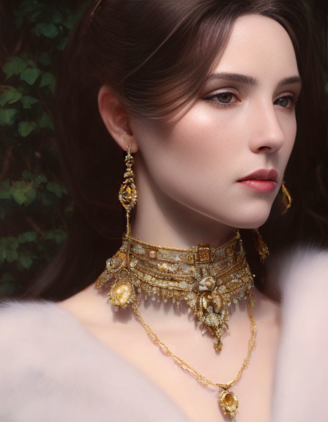 Dark-Haired Woman Wearing Luxurious Gold Jewelry