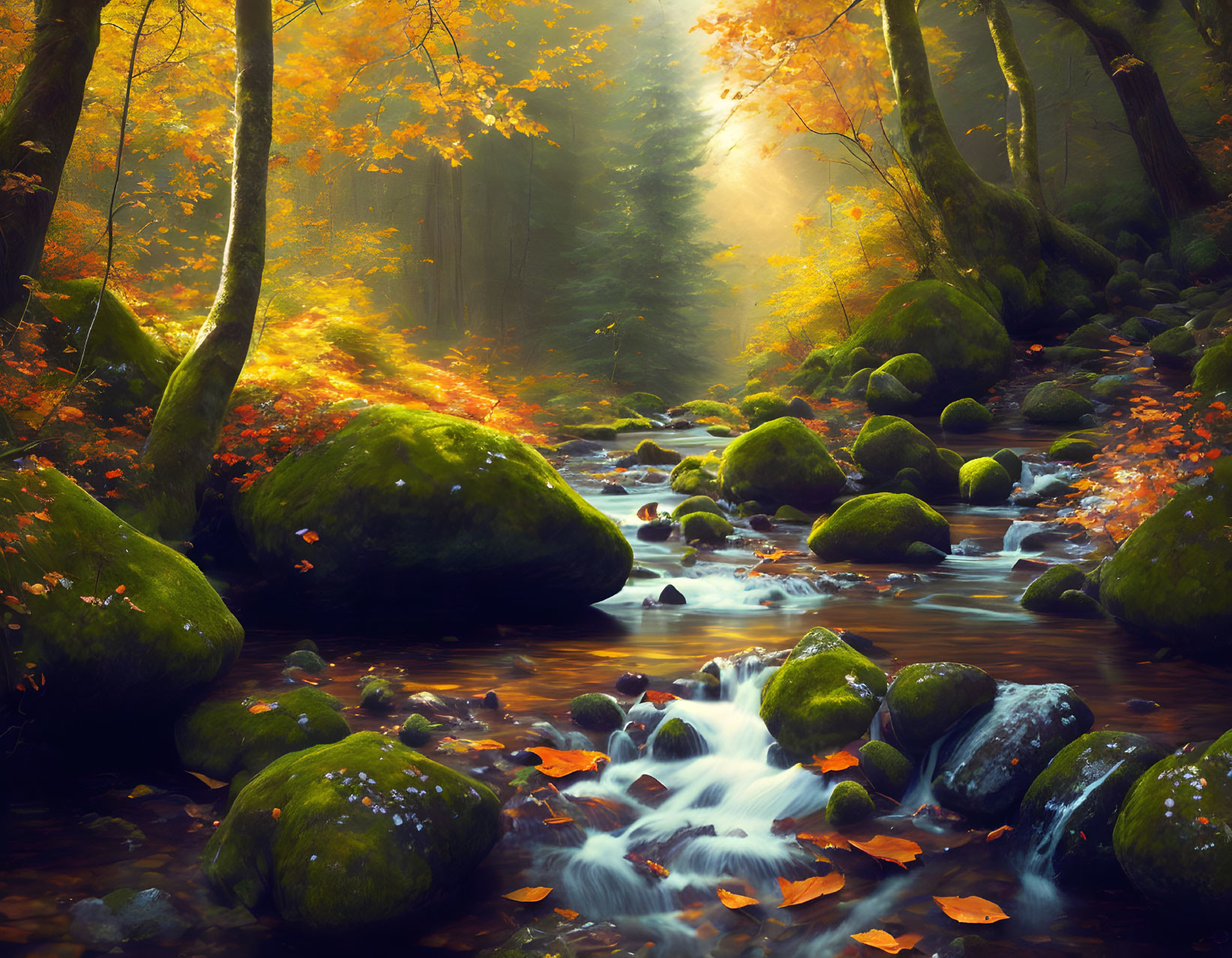 Tranquil autumn forest scene with sunlit stream and fallen leaves