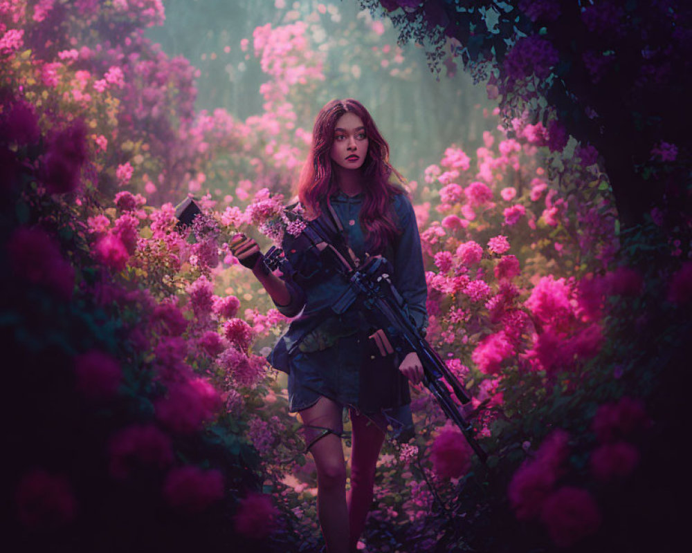 Woman with camera in magical purple forest with blooming flowers