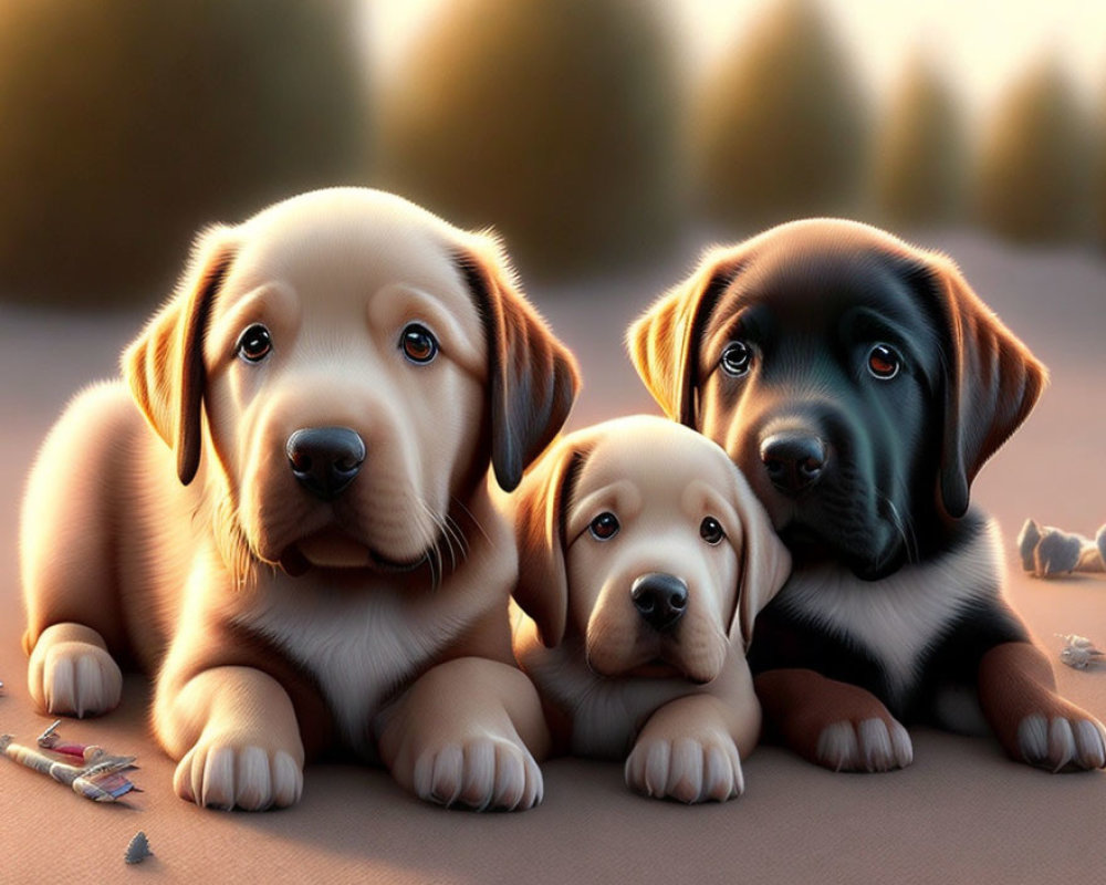 Three Cute Animated Puppies Sitting with Feathers and Soft Background