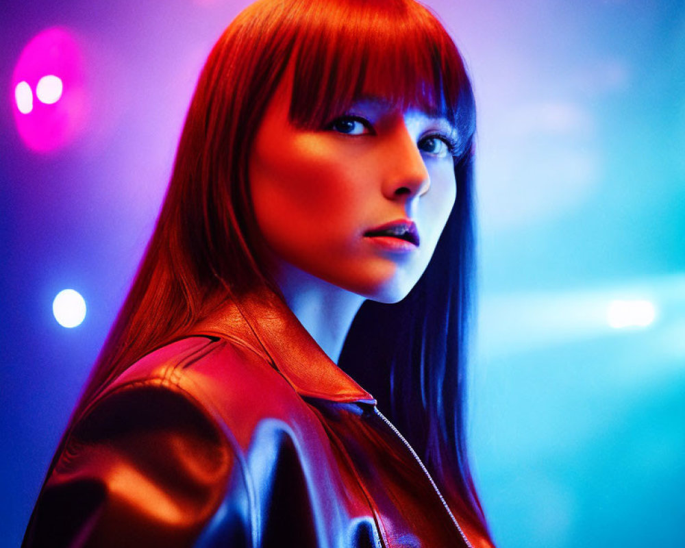 Straight Bangs Woman in Leather Jacket Under Vibrant Neon Lights