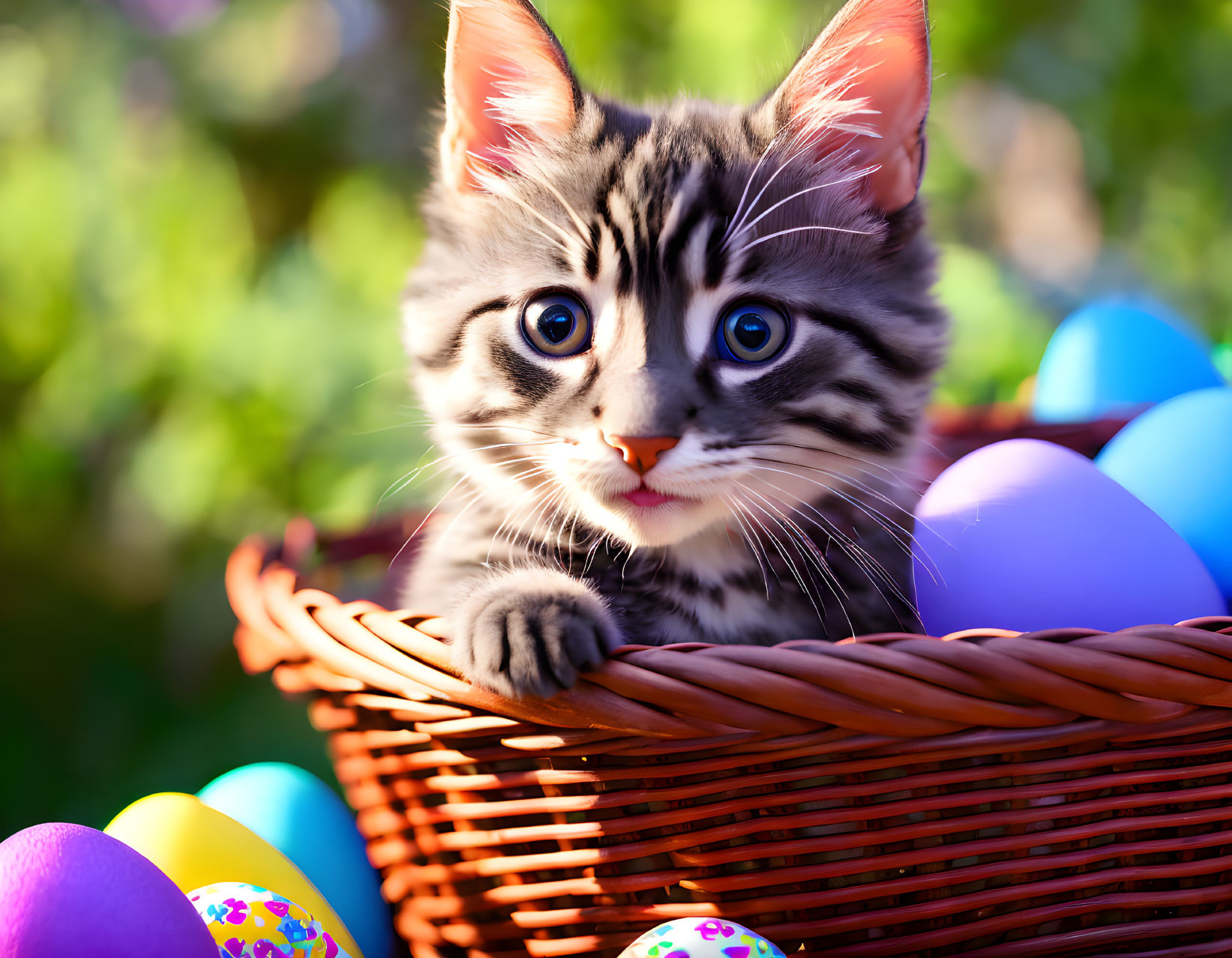 Tabby Kitten Surrounded by Easter Eggs in Wicker Basket