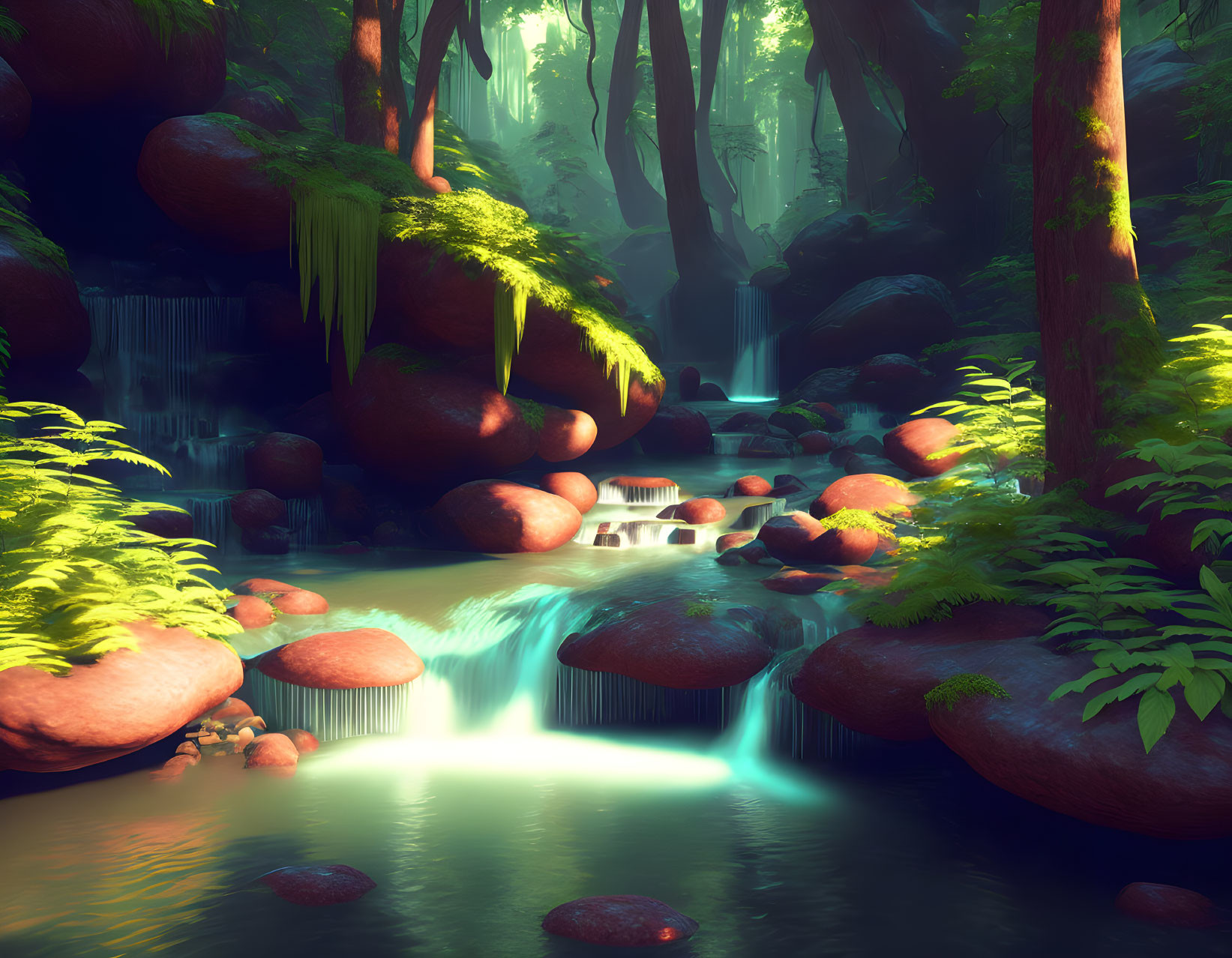 Mystical forest with lush greenery, waterfalls, moss-covered rocks