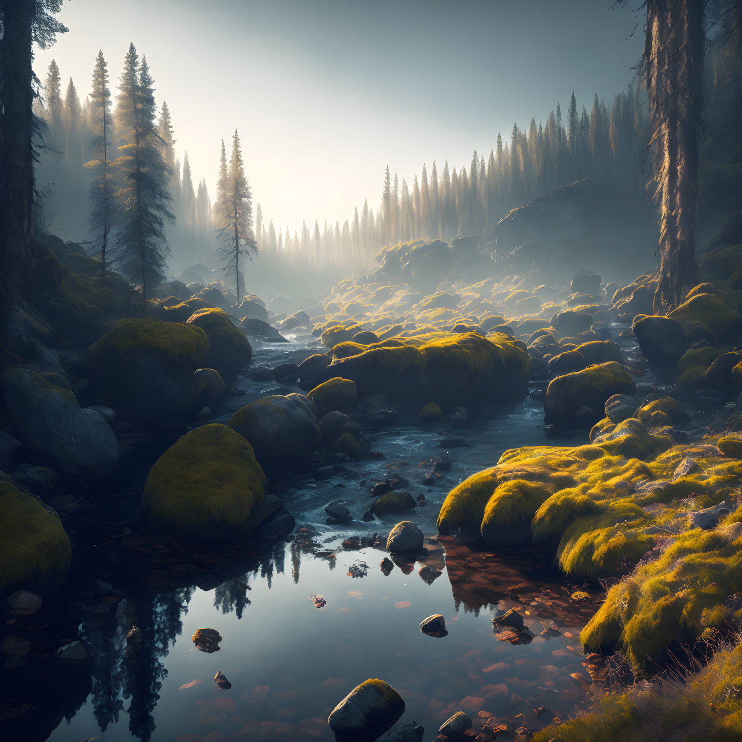 Tranquil forest stream with mossy rocks and tall pines in misty sunlight