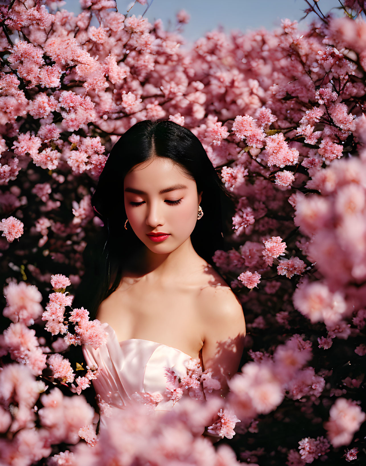 Woman in Pink Dress Surrounded by Vibrant Cherry Blossoms