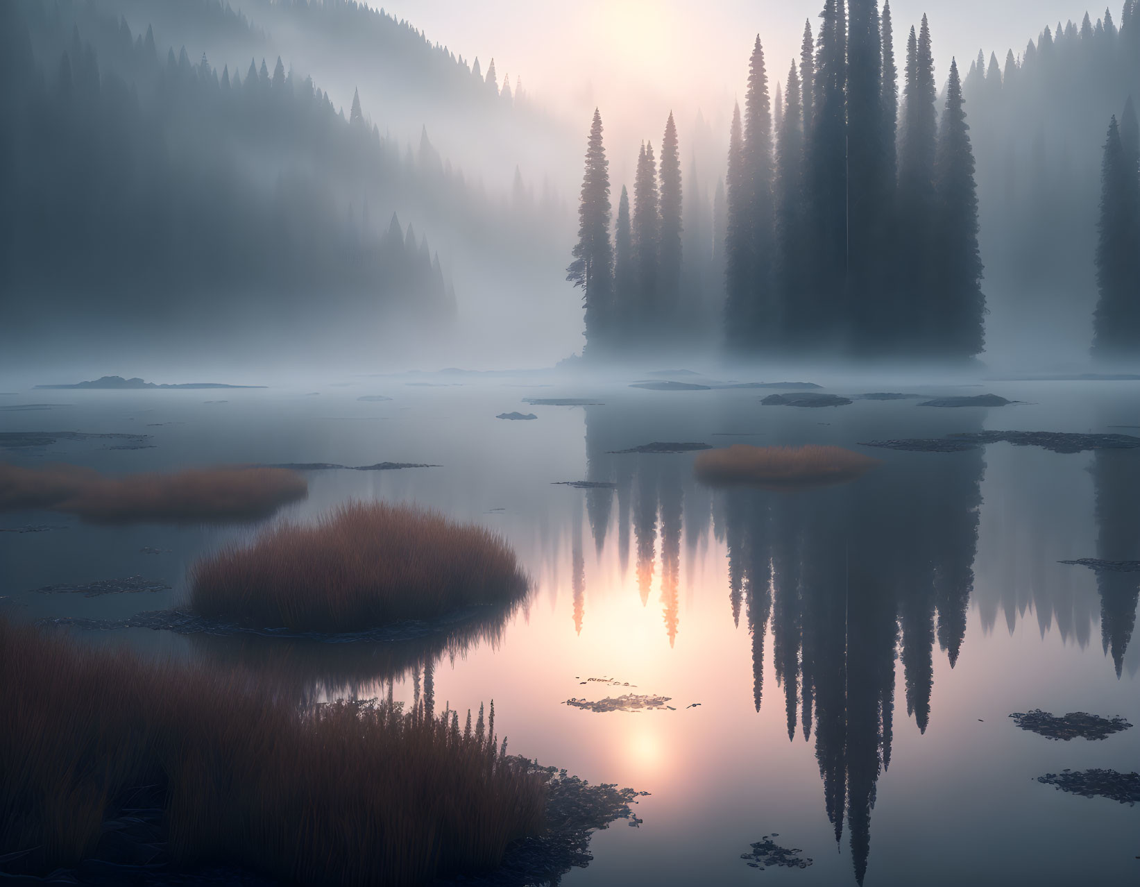 Tranquil misty lake scene at dawn with evergreen trees, grass tufts, and soft