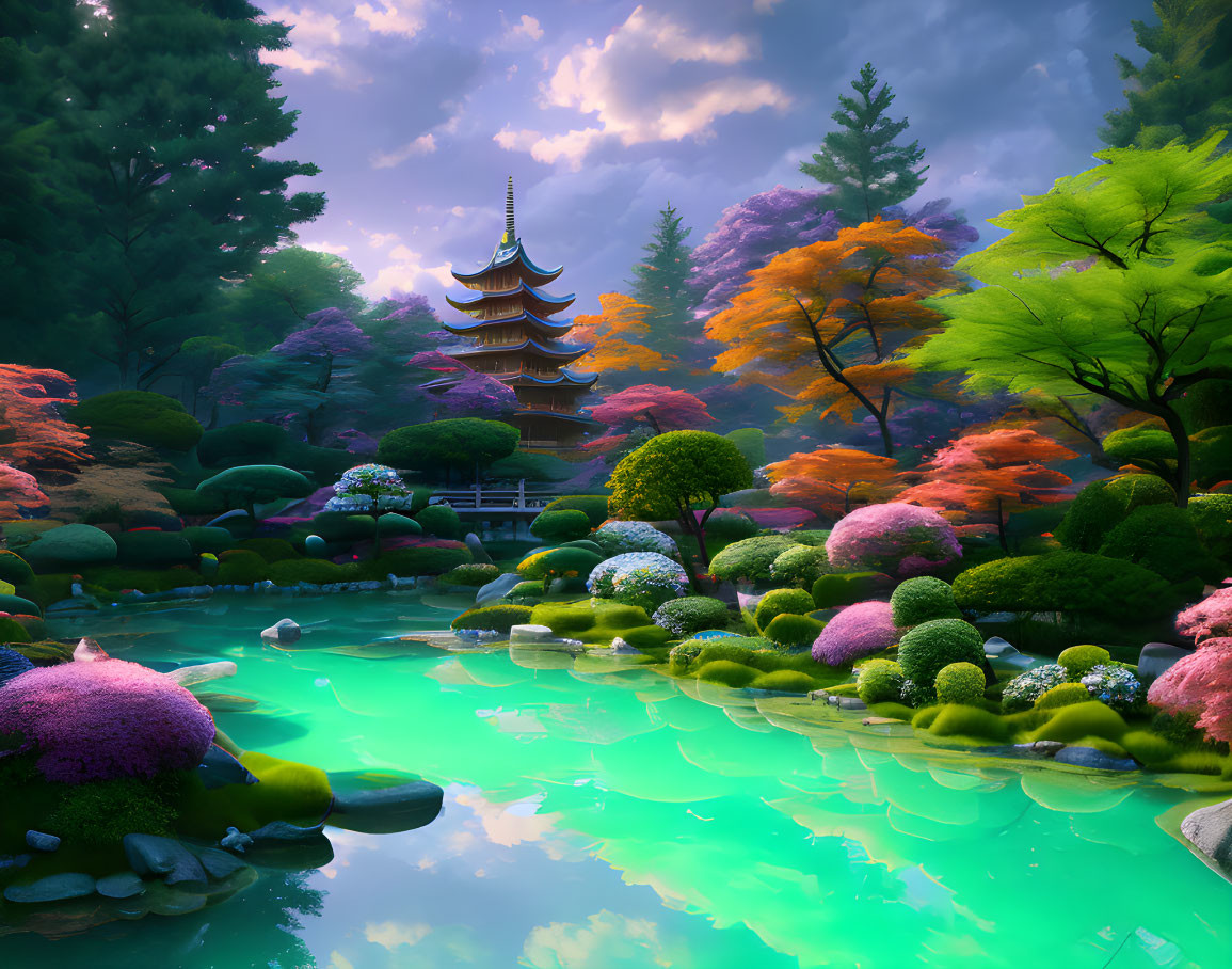 Tranquil Japanese garden with pond, flora, and pagoda at sunset