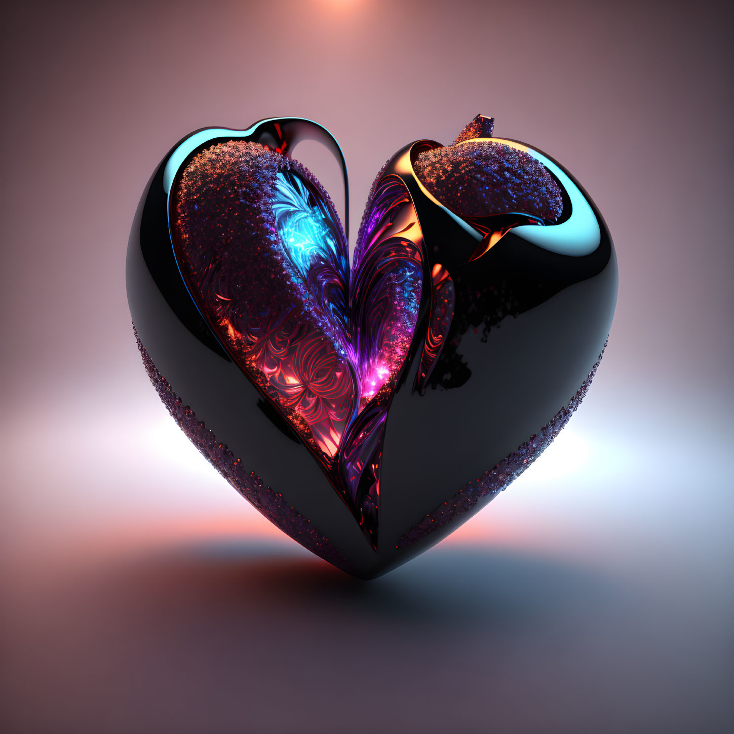 Split metallic heart with fractal patterns in 3D illustration