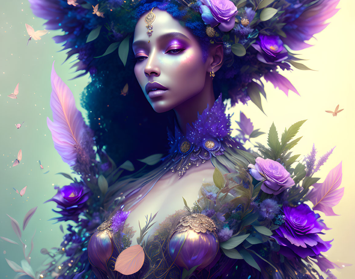 Woman adorned with flowers, feathers, and butterflies in purple and green hues