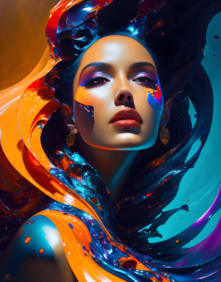 Colorful portrait of a woman with vibrant blue, orange, and purple hair and makeup