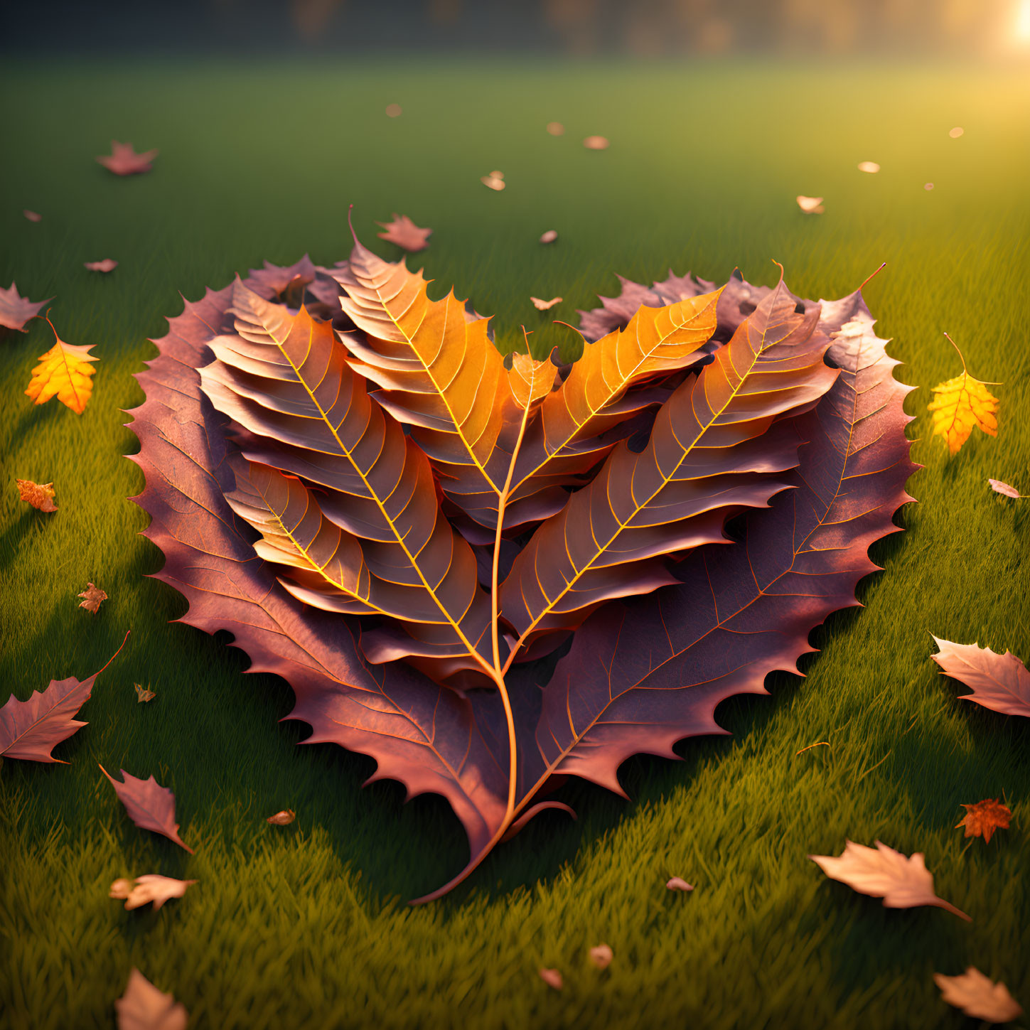 Heart-shaped Autumn Leaves Arrangement on Grassy Field with Sunlight