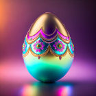 Ornate jewel-adorned egg with gold patterns on purple-pink background