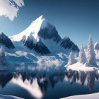 Serene lake with snow-covered mountain peaks & pine trees