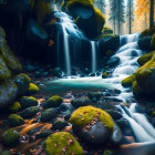 Tranquil waterfall in mossy forest with sunlight rays