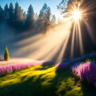 Forest sunbeams illuminate vibrant purple flowers and lush green meadow.