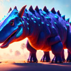 Colorful animated dinosaur in tropical sunset scene