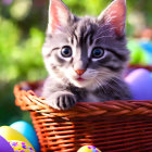 Tabby Kitten Surrounded by Easter Eggs in Wicker Basket