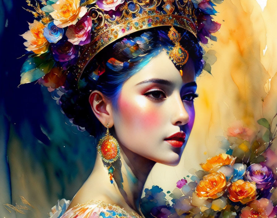 Vibrant floral crown and jewelry on woman against colorful background