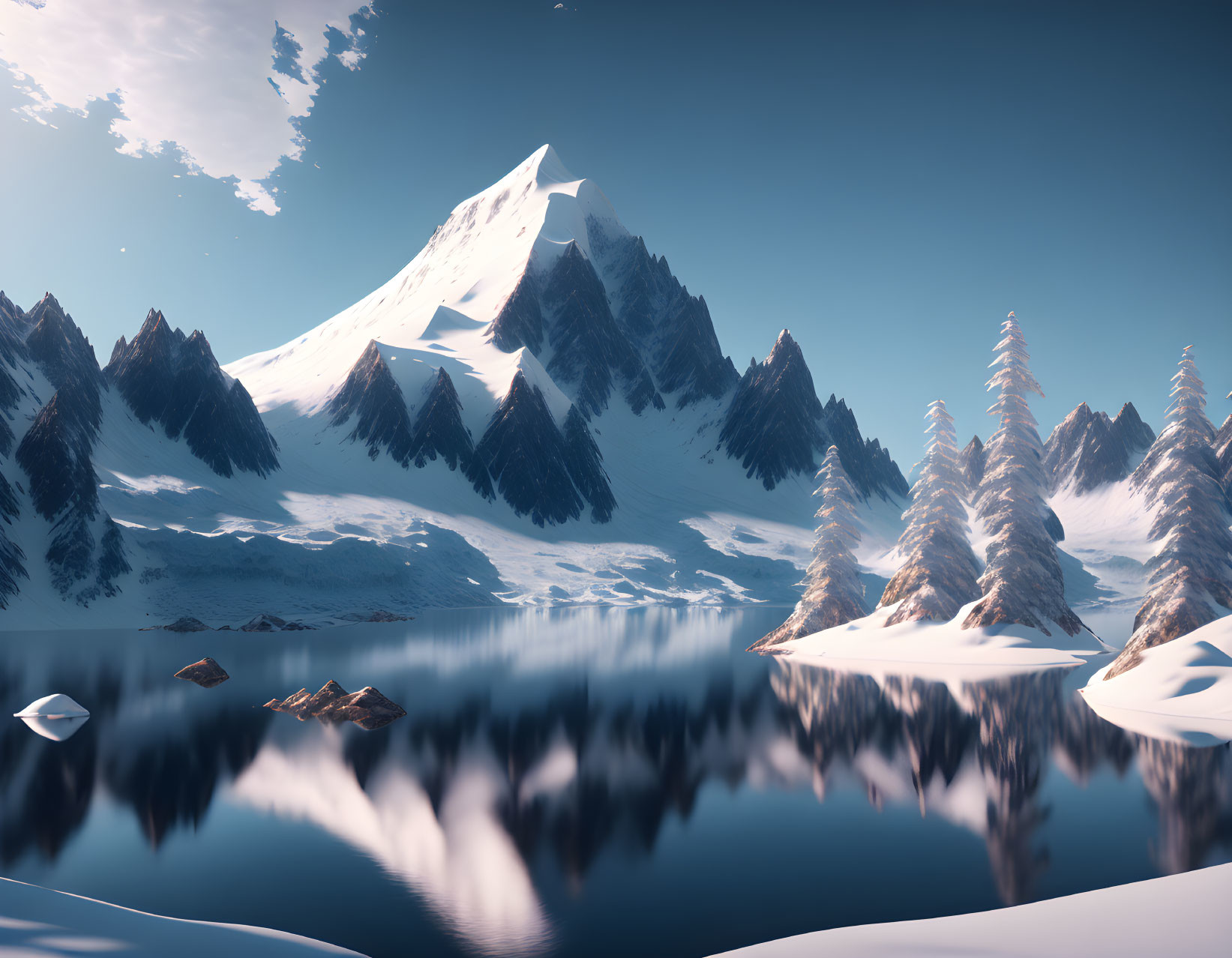 Serene lake with snow-covered mountain peaks & pine trees