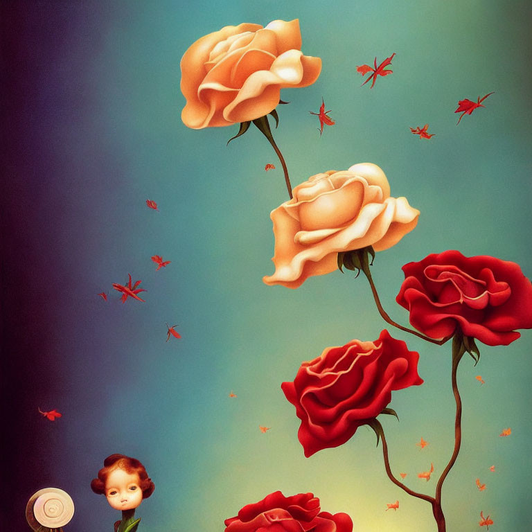 Surreal artwork: oversized roses, red figures, child with rose body