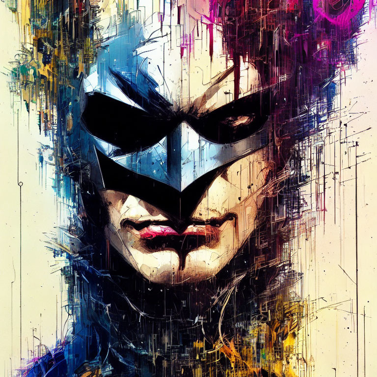 Abstract superhero painting with bat-like mask in yellow, blue, and white.