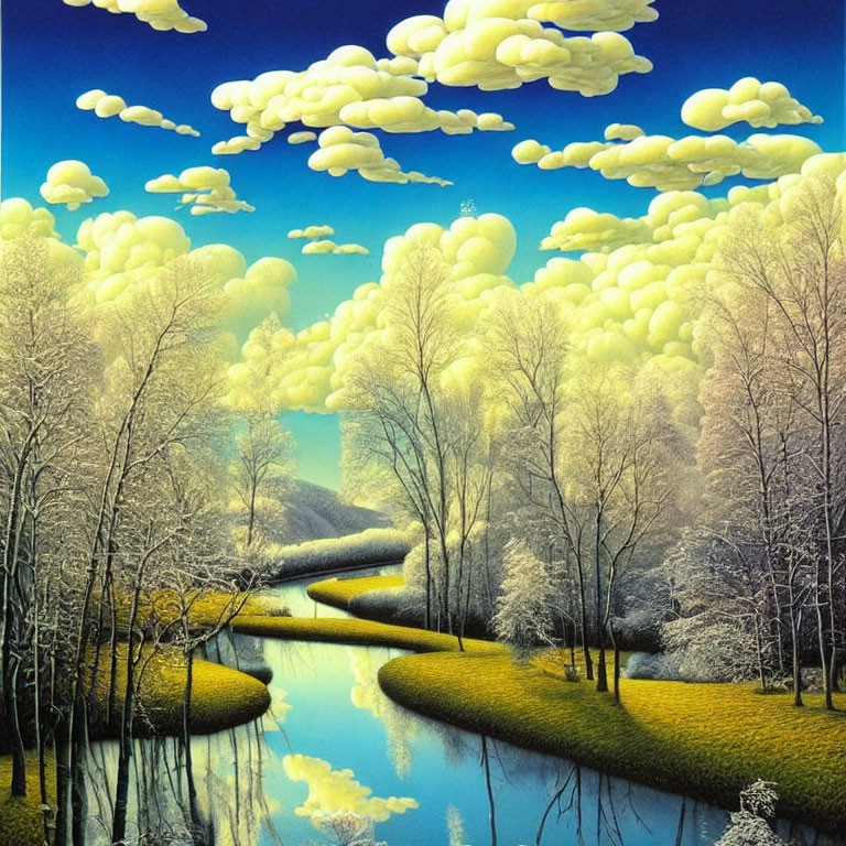 Surreal landscape painting: vibrant blue sky, reflective river, white trees