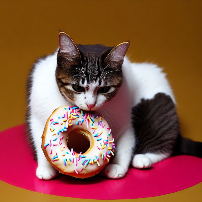 Tabby Cat with Pink Nose Eating Pink Donut on Colorful Background