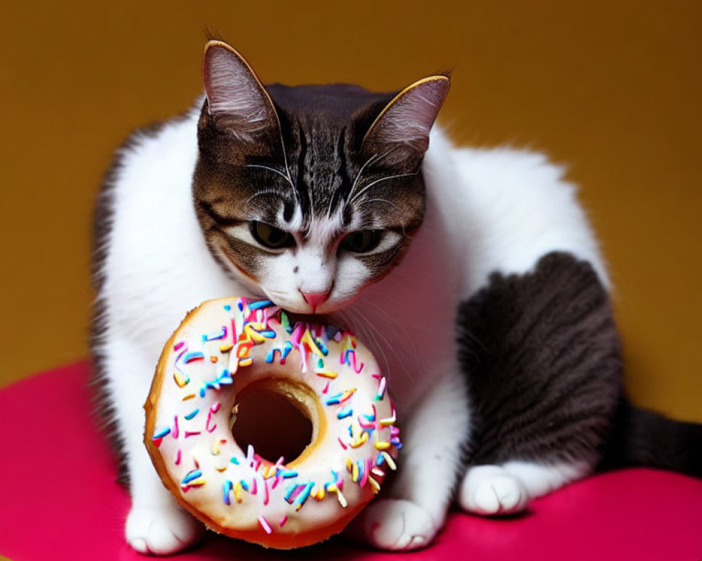 Tabby Cat with Pink Nose Eating Pink Donut on Colorful Background