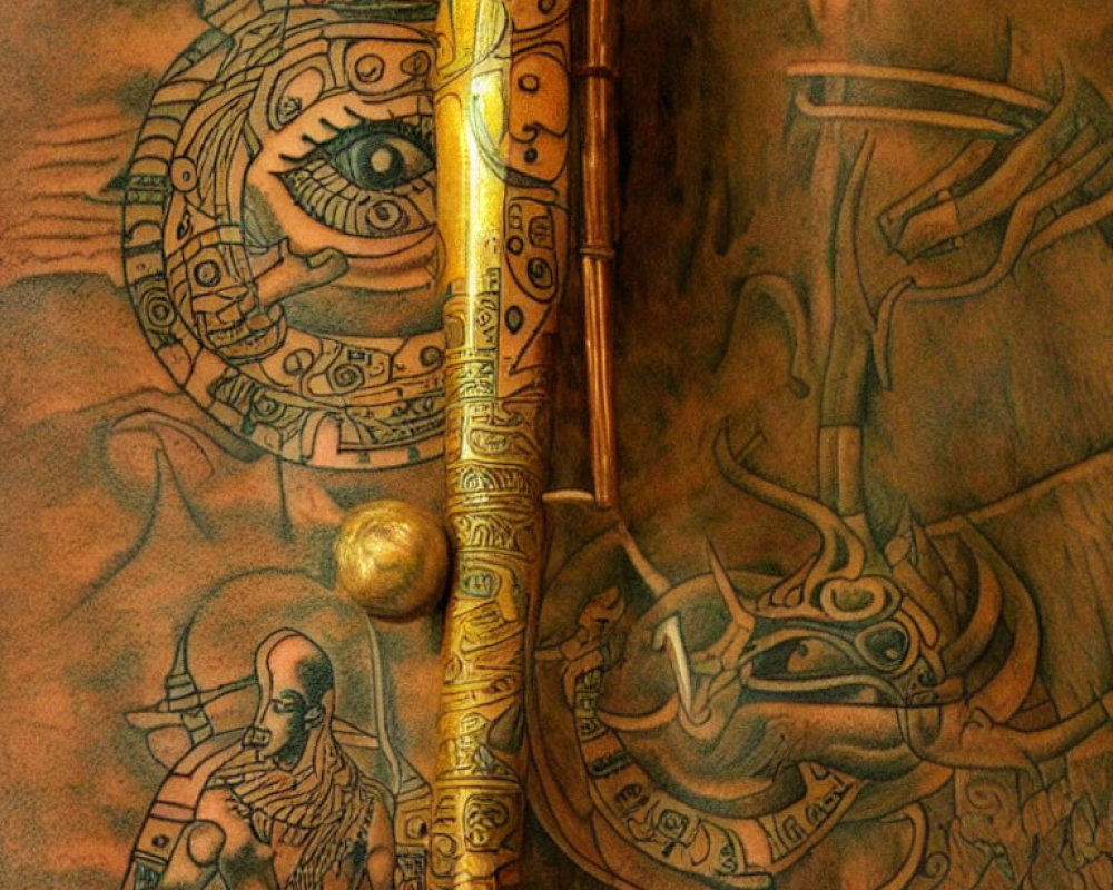 Brass-colored mechanical design with cogs, eye motif, flute, and engravings on warm