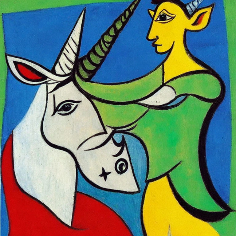 Stylized painting of white unicorn and yellow-skinned figure on blue-green background