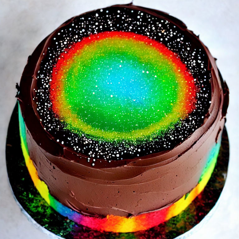 Colorful Rainbow Cake with Galaxy Design and Dark Chocolate Frosting