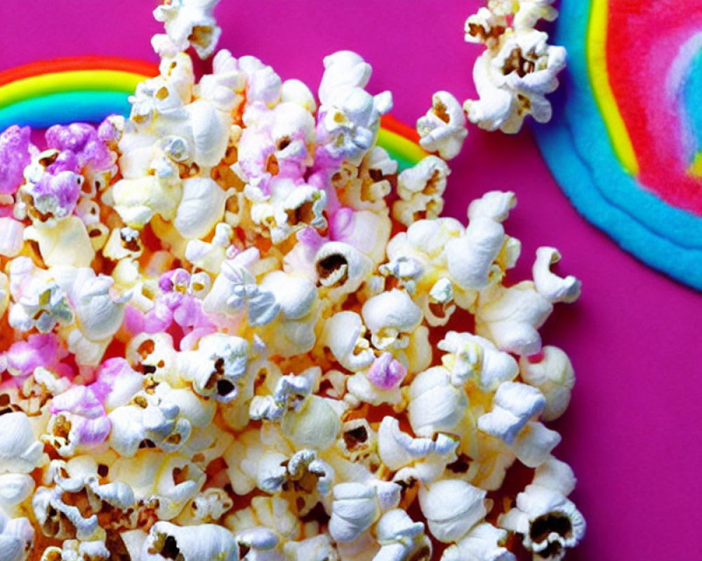 White Popcorn Kernels on Pink Surface with Rainbow Pattern