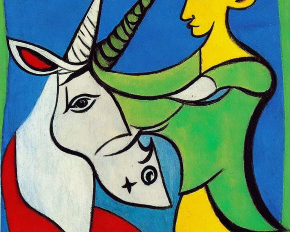 Stylized painting of white unicorn and yellow-skinned figure on blue-green background