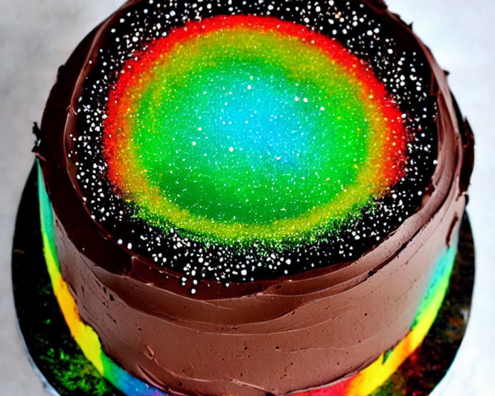 Colorful Rainbow Cake with Galaxy Design and Dark Chocolate Frosting