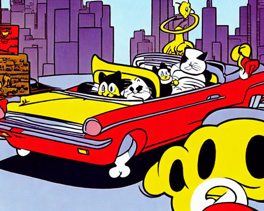 Cat and Dog Characters in Red and Yellow Convertible with City Backdrop