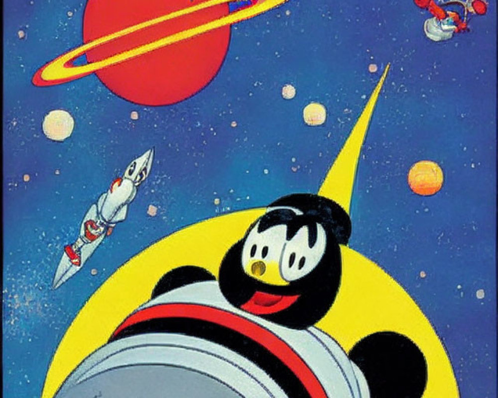 Vintage-style comic book cover featuring cartoon character in space suit, rockets, planets, stars on blue background