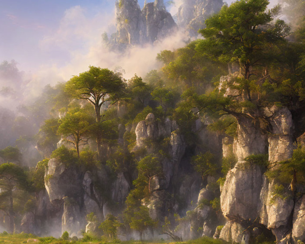 Misty cliffs, lush trees, and silhouetted figures in serene landscape