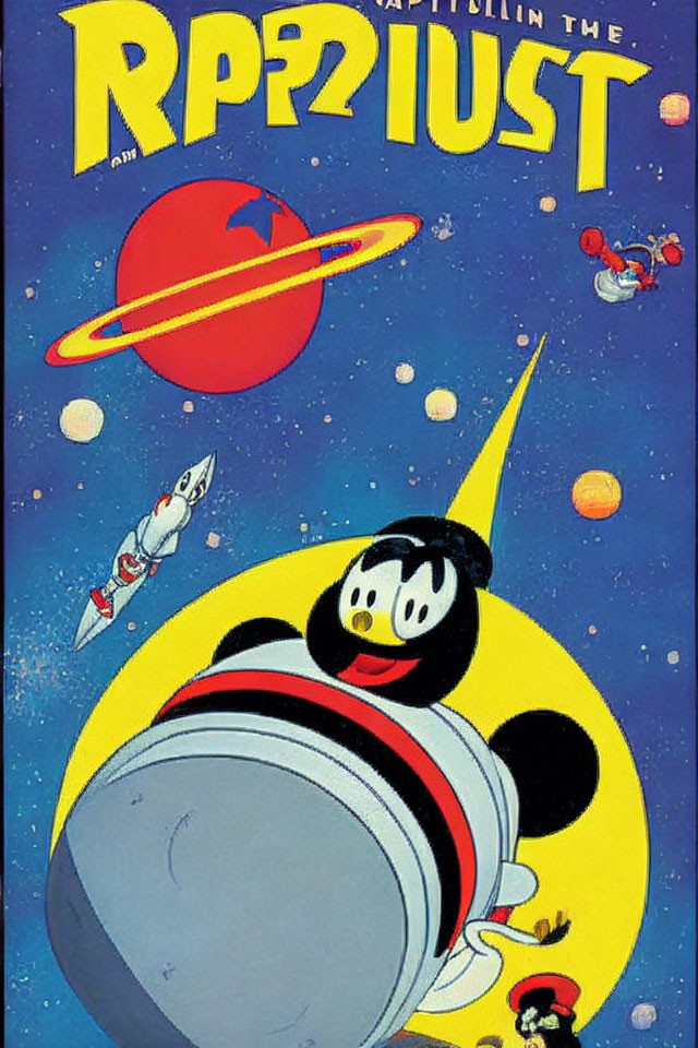 Vintage-style comic book cover featuring cartoon character in space suit, rockets, planets, stars on blue background