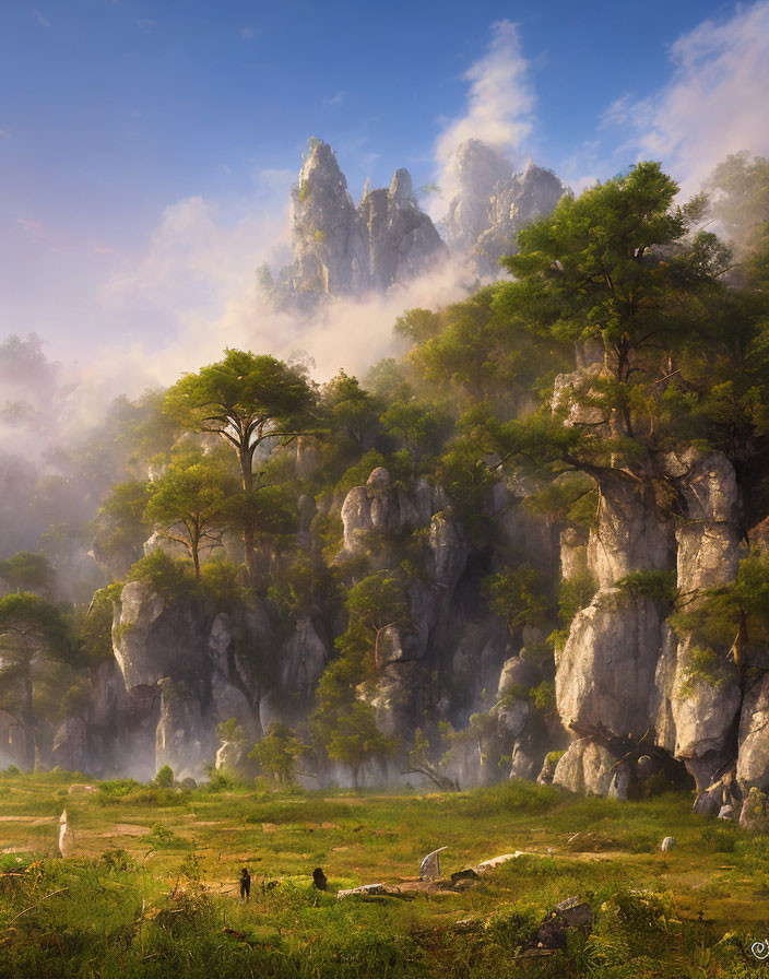 Misty cliffs, lush trees, and silhouetted figures in serene landscape