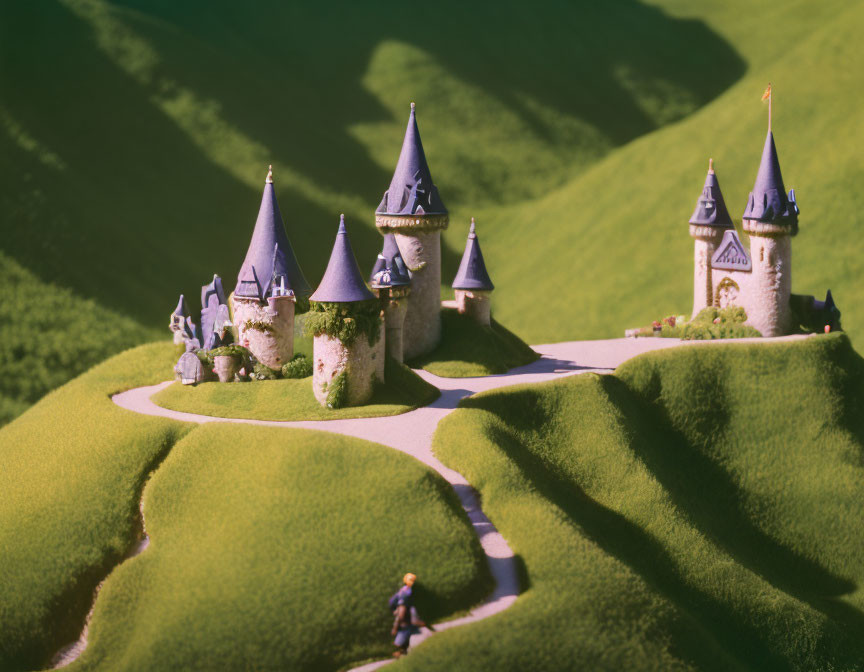 Miniature model castle with spires in lush green landscape