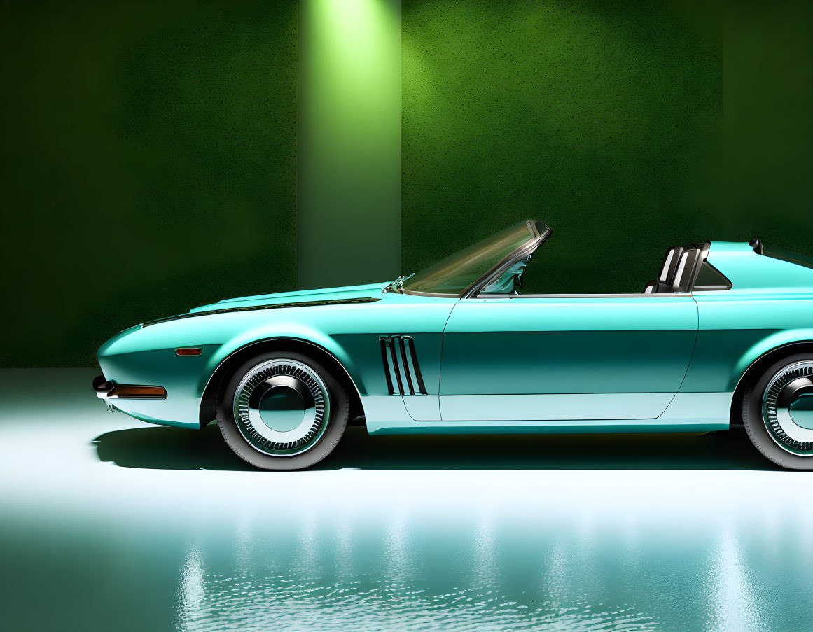 Vintage Turquoise Convertible Car in Green Light on Dark Background