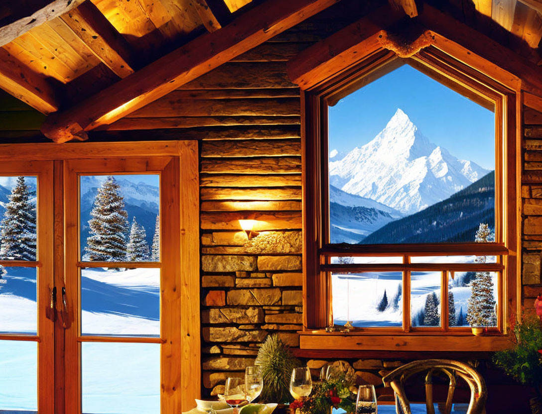 Snowy Mountain Cabin Interior with Set Table and Scenic View