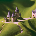 Miniature model castle with spires in lush green landscape