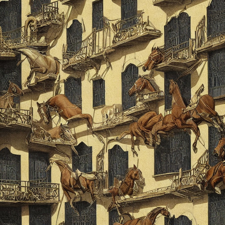 Detailed Escher-like illustration of horses on interconnected stairs