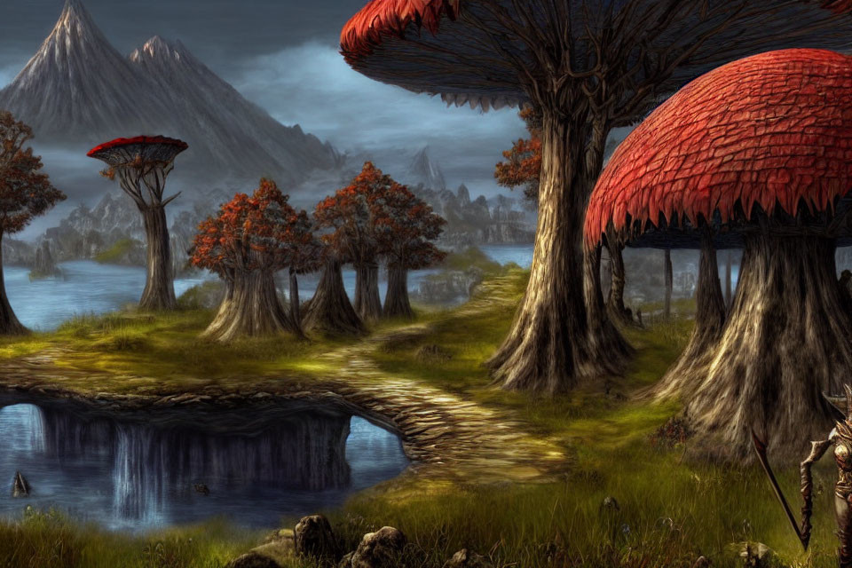 Mystical landscape with oversized mushrooms, forest, lake, path, volcano, and cloudy sky