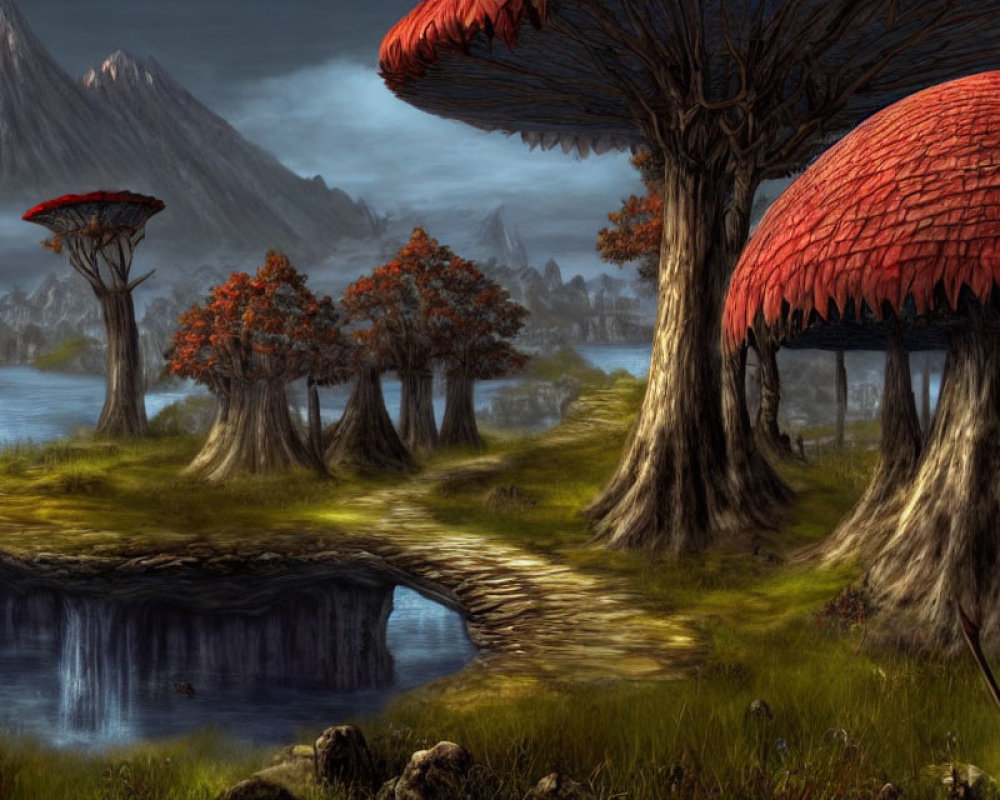 Mystical landscape with oversized mushrooms, forest, lake, path, volcano, and cloudy sky