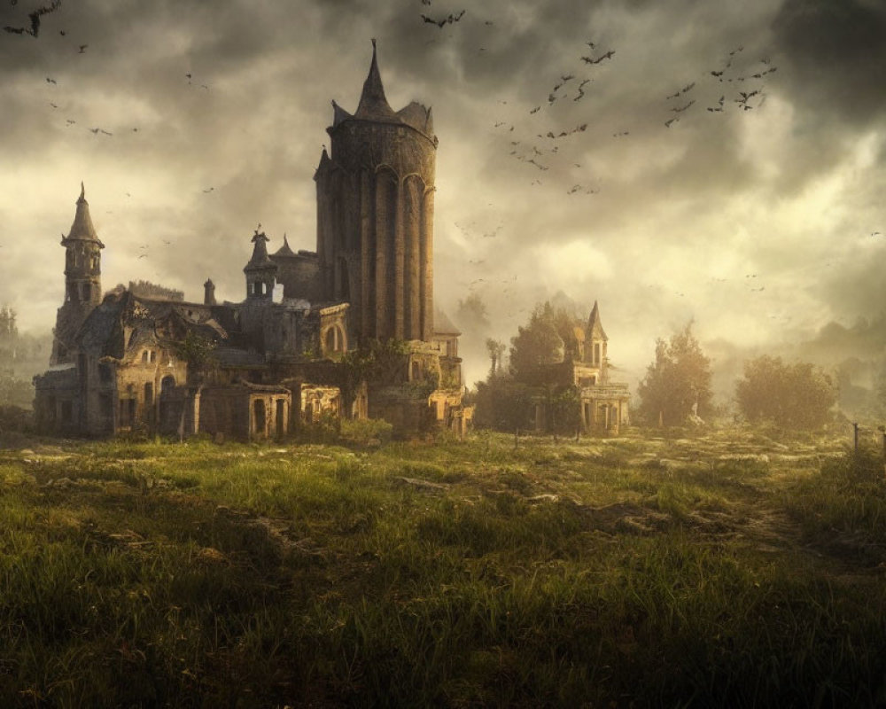 Medieval landscape with decrepit buildings, spire, and dramatic sky at dusk